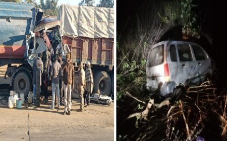 सड़क दुर्घटना में नहीं लग रहा लगाम, भीषण सड़क हादसे में ट्रक चालक फसा ट्रक में, वही कार नाले में फसी
