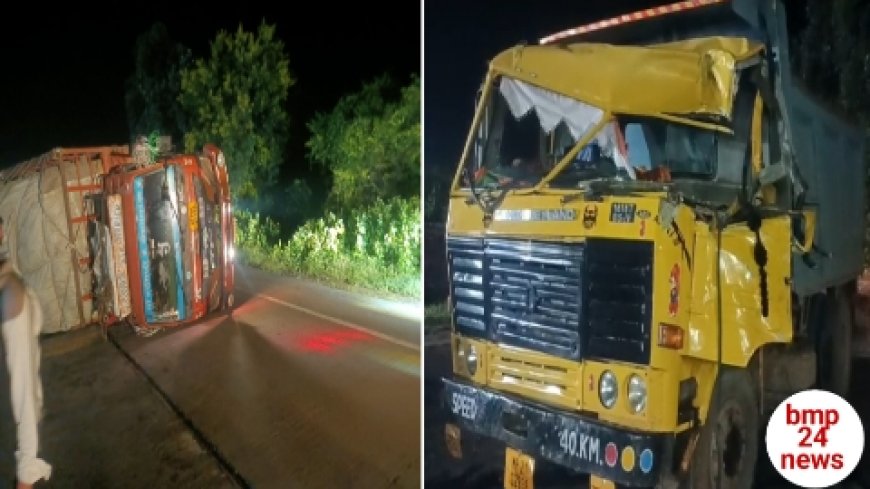 खड़े मिनी ट्रक में हाइवा ने मारी टक्कर, भूसी लोड वाहन पलटा,  हादसे में दोनों चालक सुरक्षित
